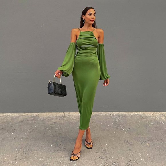 BLOGGER'S FAVE! Zara Long Dress With Gathered Details Green Sz S NWT - Picture 3 of 17